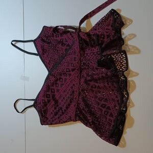 Likely Maroon Cropped Spaghetti Strap Sheer Lace Peplum Cami A20
